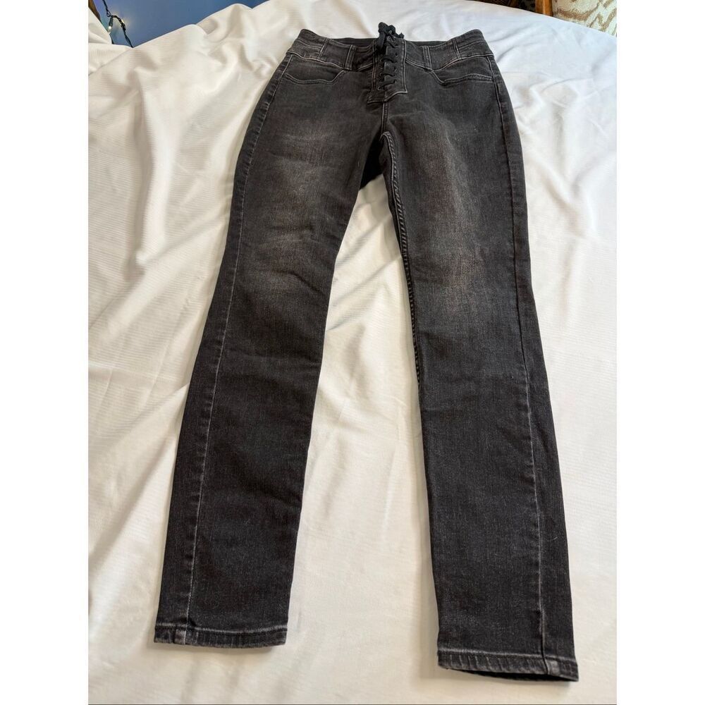 Free People Curvy Lovers Knot Black High Waist Lace Up Skinny Jeans Size 28